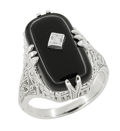 Art Deco Filigree Onyx and Diamond Set Ring in 14 Karat White Gold