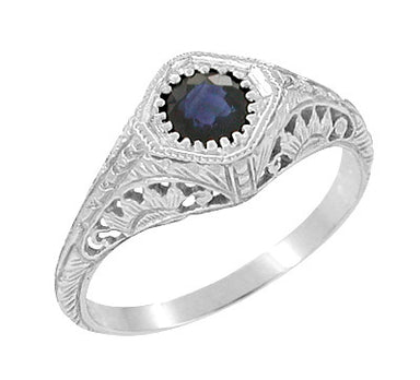 Art Deco Sapphire Engagement Ring with Filigree Engraved Sunflowers in 14 Karat White Gold, Low Profile 1920s Antique Sapphire Ring Design