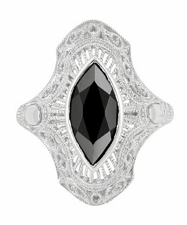 Art Deco Onyx Filigree Cocktail Ring in 14 Karat White Gold