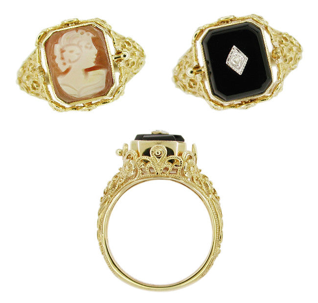 Edwardian Filigree Cameo Flip Ring with Diamond and Onyx in 14 Karat Yellow Gold - Item: RV235 - Image: 2