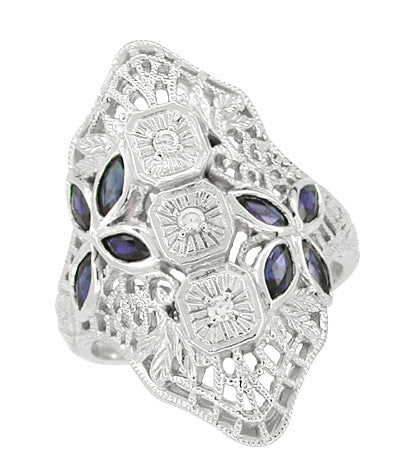 Art Deco Blue Sapphire and Cubic Zirconia Filigree Cocktail Ring in 14 Karat White Gold