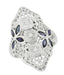 Art Deco Blue Sapphire and Cubic Zirconia Filigree Cocktail Ring in 14 Karat White Gold