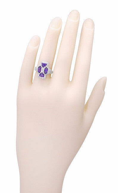 Art Deco Filigree Happy Family 4 Stone Amethyst and Diamond Filigree Ring in 14 Karat White Gold - Item: RV6 - Image: 5