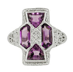 Art Deco Filigree Happy Family 4 Stone Amethyst and Diamond Filigree Ring in 14 Karat White Gold