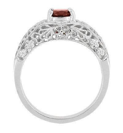 Edwardian Filigree Flowers Almandite Garnet Dome Engagement Ring in 14 Karat White Gold - Item: RV709 - Image: 2