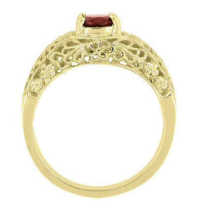 Edwardian Filigree Flowers Domed Almandite Garnet Engagement Ring in 14 Karat Yellow Gold - Item: RV709Y - Image: 2