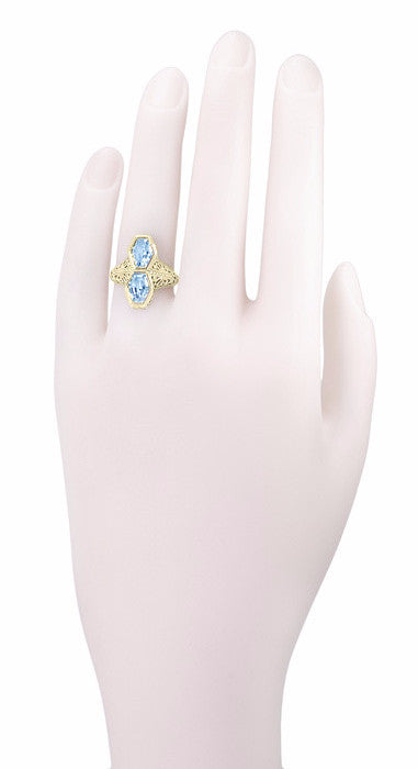 Art Deco Love Duet Blue Topaz Filigree Ring in 14 Karat Yellow Gold - Item: RV750 - Image: 4