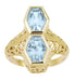 Art Deco Love Duet Blue Topaz Filigree Ring in 14 Karat Yellow Gold