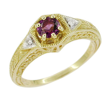 Art Deco Filigree Hexagon Amethyst Engagement Ring in 14 Karat Yellow Gold with Side Diamonds