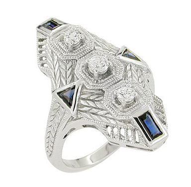 Art Deco Sapphire and Diamond Cocktail Filigree Engraved Ring in 14 Karat White Gold - alternate view