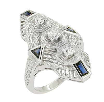 Art Deco Sapphire and Diamond Cocktail Filigree Engraved Ring in 14 Karat White Gold - Item: RV876 - Image: 2