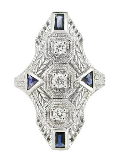 Art Deco Sapphire and Diamond Cocktail Filigree Engraved Ring in 14 Karat White Gold
