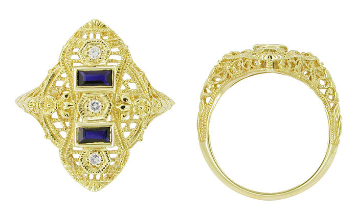Art Deco Filigree Diamond and Sapphire Ring in 14 Karat Yellow Gold - Item: RV883 - Image: 2