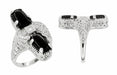 Art Deco Duo Black Onyx & Diamond Filigree Right Hand Cocktail Ring in 14 Karat White Gold