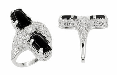 Art Deco Duo Black Onyx & Diamond Filigree Right Hand Cocktail Ring in 14 Karat White Gold - alternate view