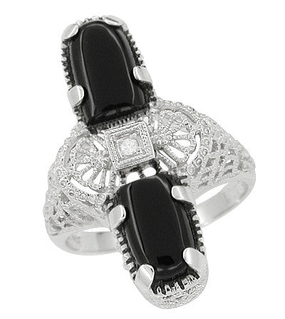 Art Deco Duo Black Onyx Diamond Antique Filigree Right Hand Ring