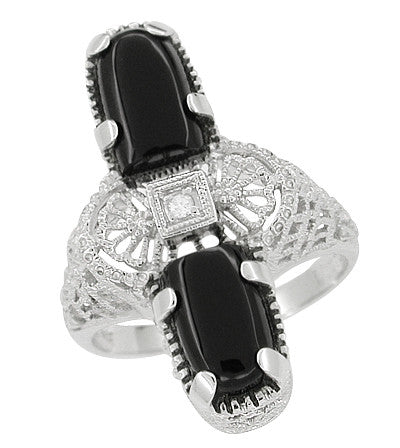Art Deco Duo Black Onyx & Diamond Filigree Right Hand Cocktail Ring in 14 Karat White Gold