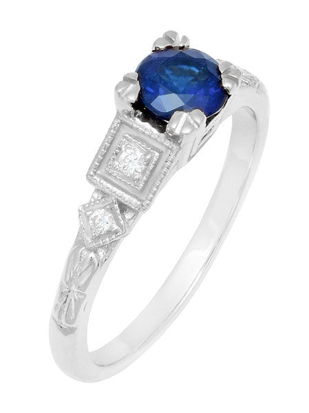 Geometric Art Deco Sapphire Engagement Ring in 18 Karat White Gold with Diamonds - Item: R194 - Image: 3