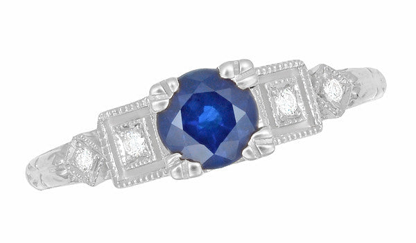 Geometric Art Deco Sapphire Engagement Ring in 18 Karat White Gold with Diamonds - Item: R194 - Image: 4