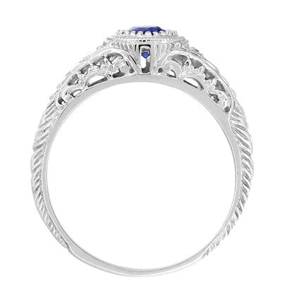 Art Deco Engraved Sapphire and Diamond Filigree Engagement Ring in 14 Karat White Gold - Item: R138 - Image: 3