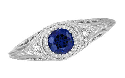 Art Deco Engraved Sapphire and Diamond Filigree Engagement Ring in 14 Karat White Gold - Item: R138 - Image: 4