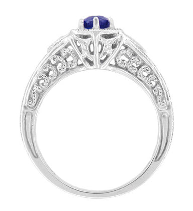 Art Deco Sapphire and Diamond Filigree Engraved Engagement Ring in 14 Karat White Gold - September Birthstone - alternate view