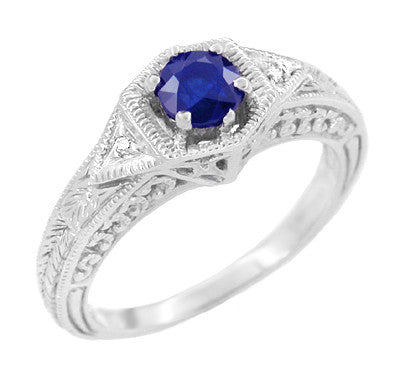 Filigree Antique Sapphire and Diamond Hexagon Engagement Ring in White Gold - R149