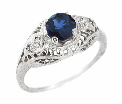 Art Deco 0.63 Carat Sapphire and Diamonds Filigree Dome Ring in 14 Karat White Gold