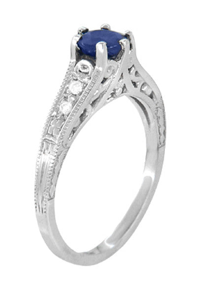Art Deco Filigree Blue Sapphire Engagement Ring in 14 Karat White Gold with Diamond Side Stones - Item: R158 - Image: 3