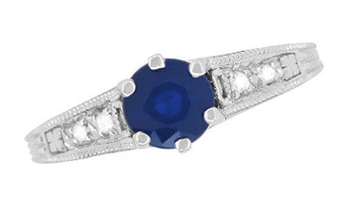 Art Deco Filigree Blue Sapphire Engagement Ring in 14 Karat White Gold with Diamond Side Stones - Item: R158 - Image: 6