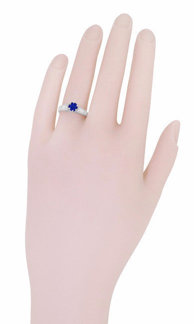 Art Deco Filigree Blue Sapphire Engagement Ring in 14 Karat White Gold with Diamond Side Stones - Item: R158 - Image: 7