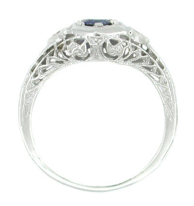 Low Set Blue Sapphire and Diamond Art Deco Filigree Ring in 14 Karat White Gold - alternate view
