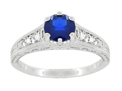 Sapphire and Diamond Filigree Art Deco Engagement Ring in Platinum - Item: R158P - Image: 5