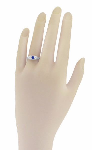 Art Deco Sapphire Filigree Engagement Ring with Side Diamonds  in 14 Karat White Gold - Item: R228 - Image: 3