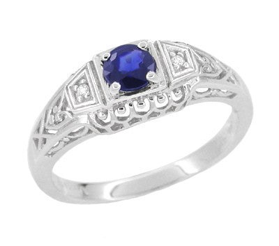 Art Deco Sapphire Filigree Engagement Ring with Side Diamonds  in 14 Karat White Gold