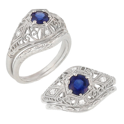 Blue Sapphire and Diamonds Scroll Dome Edwardian Filigree Engagement Ring in 14 Karat White Gold | 1910 Vintage Design - Item: R234 - Image: 3