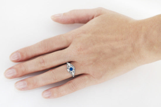 Blue Sapphire and Diamonds Scroll Dome Edwardian Filigree Engagement Ring in 14 Karat White Gold | 1910 Vintage Design - Item: R234 - Image: 4