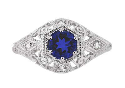 Blue Sapphire and Diamonds Scroll Dome Edwardian Filigree Engagement Ring in 14 Karat White Gold | 1910 Vintage Design - Item: R234 - Image: 2