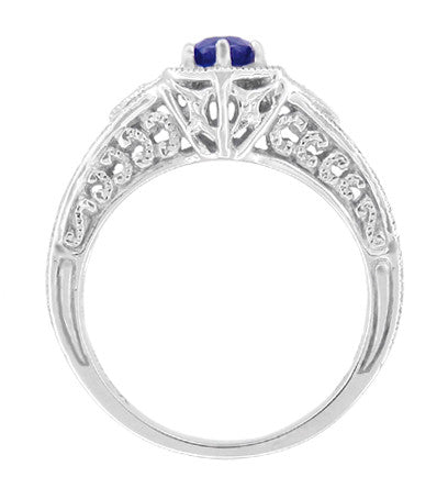 Art Deco Platinum Vintage Engraved Filigree Engagement Ring with Sapphire and Diamonds - Item: R149P - Image: 2