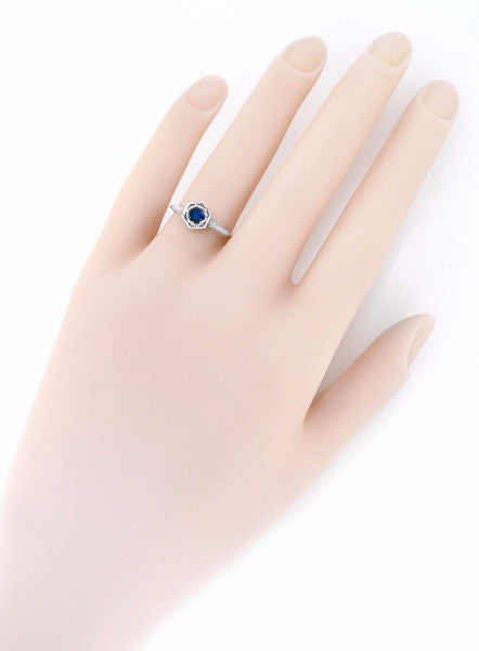 Hexagon Art Deco Filigree Blue Sapphire Engagement Ring in 14 Karat White Gold - Item: R257 - Image: 3