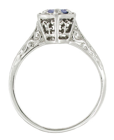 Hexagon Art Deco Filigree Blue Sapphire Engagement Ring in 14 Karat White Gold - alternate view