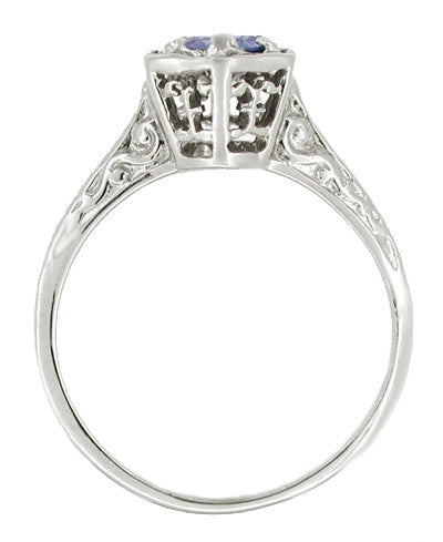 Hexagon Art Deco Filigree Blue Sapphire Engagement Ring in 14 Karat White Gold - Item: R257 - Image: 2