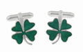 Lucky Four Leaf Clover Green Shamrock Enameled Cufflinks in 925 Solid Sterling Silver