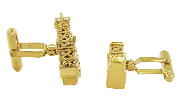 Oil Derrick Cufflinks in Sterling Silver with Yellow Gold Vermeil - Item: SCL136Y - Image: 2