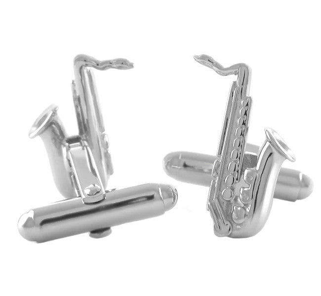 Solid Silver Saxophone Cufflinks - 3D - 925 Sterling - SCL168