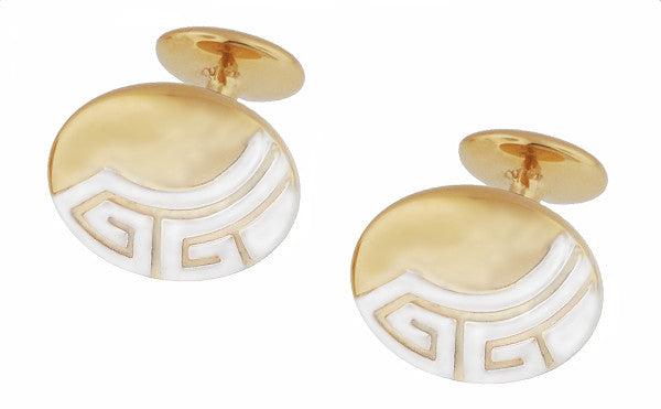 Art Deco Greek Key Engravable Cufflinks in Solid Sterling Silver with a Two-Tone Yellow Gold & Rhodium Finish