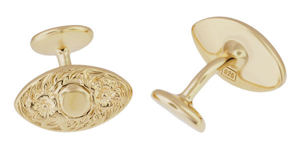 Vintage Victorian Floral Lozenge Shape Engravable Cufflinks Design in Solid Sterling Silver with Yellow Gold Vermeil - Item: SCL237Y - Image: 2