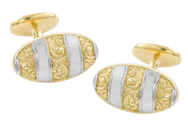Antique Style Victorian Scrolls Cufflinks in Sterling Silver with Yellow Gold Two Tone Vermeil