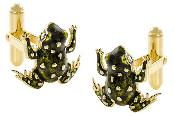 Frog Cufflinks with Elegant French Champleve Enamel in Solid Sterling Silver with Yellow Gold Vermeil Finish