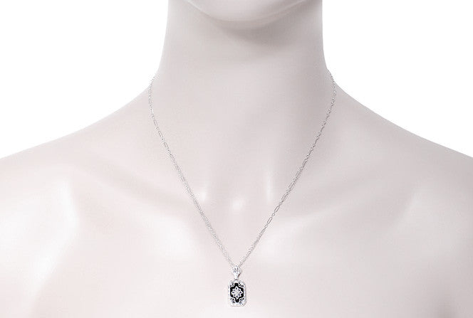 Small Art Deco Filigree Onyx and Diamond Pendant Necklace in Sterling Silver - Item: N108 - Image: 3